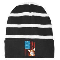 USA American Flag Patriotic Dog Corgi Striped Beanie with Solid Band