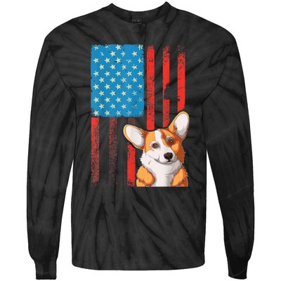 USA American Flag Patriotic Dog Corgi Tie-Dye Long Sleeve Shirt