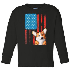 USA American Flag Patriotic Dog Corgi Toddler Long Sleeve Shirt