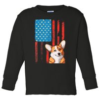 USA American Flag Patriotic Dog Corgi Toddler Long Sleeve Shirt