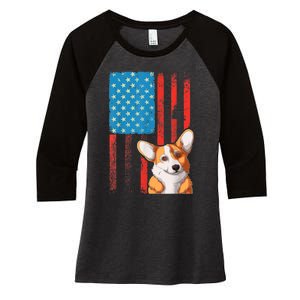 USA American Flag Patriotic Dog Corgi Women's Tri-Blend 3/4-Sleeve Raglan Shirt