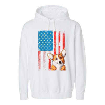 USA American Flag Patriotic Dog Corgi Garment-Dyed Fleece Hoodie