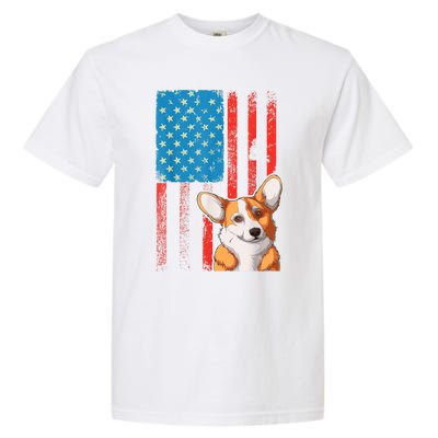 USA American Flag Patriotic Dog Corgi Garment-Dyed Heavyweight T-Shirt