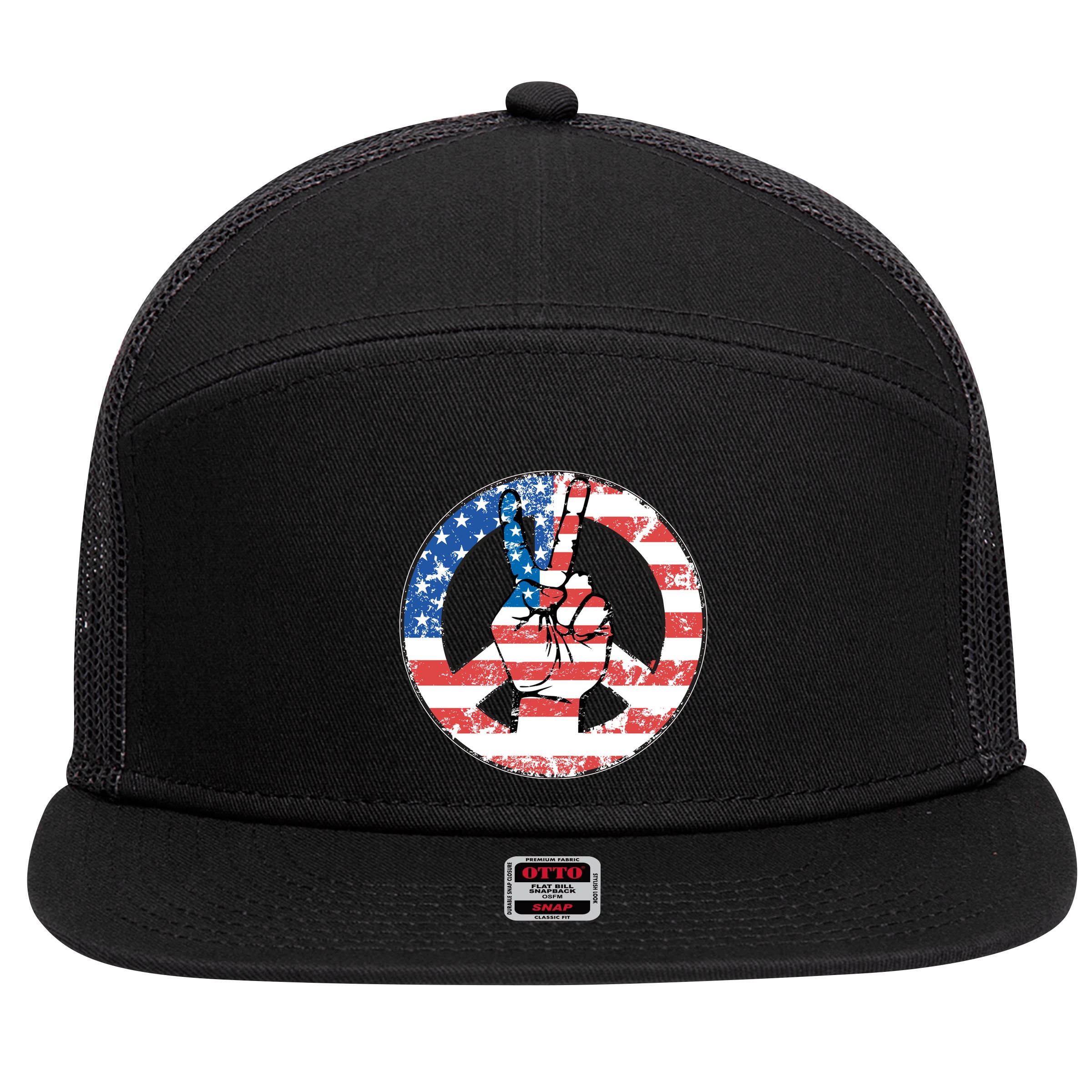 USA American Flag Peace Sign Symbol 7 Panel Mesh Trucker Snapback Hat