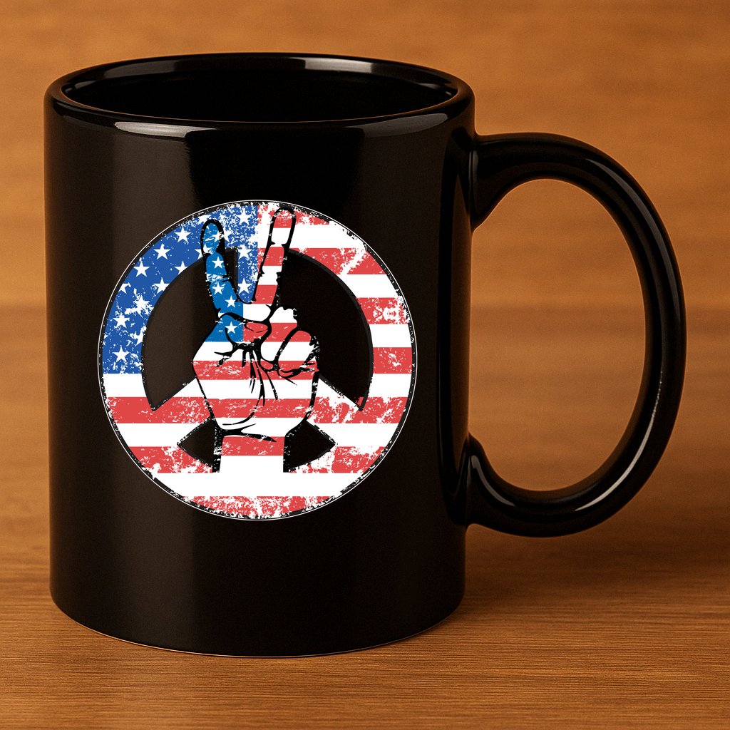 USA American Flag Peace Sign Symbol 11oz C Handle Ceramic Mug