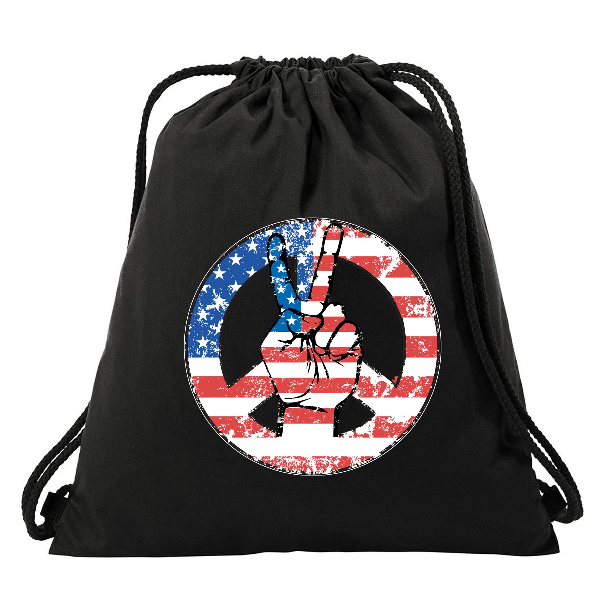 USA American Flag Peace Sign Symbol Drawstring Bag
