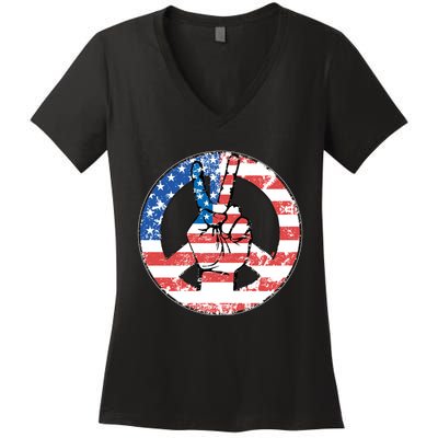 USA American Flag Peace Sign Symbol Women's V-Neck T-Shirt