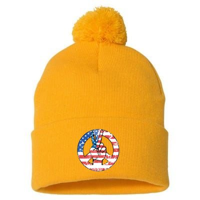 USA American Flag Peace Sign Symbol Pom Pom 12in Knit Beanie