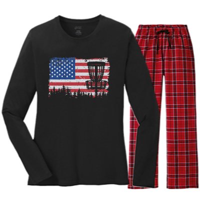 US American Flag Disc Golf Basket Frisbee Vintage Disc Golf Women's Long Sleeve Flannel Pajama Set 