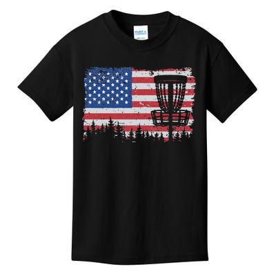 US American Flag Disc Golf Basket Frisbee Vintage Disc Golf Kids T-Shirt