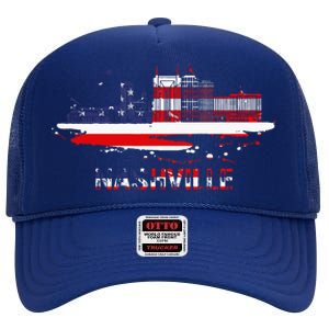 USA American Flag Cityscape Nashville Tennessee Skyline High Crown Mesh Back Trucker Hat