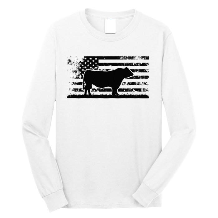 USA American Flag America Cow Black Angus Rancher Long Sleeve Shirt