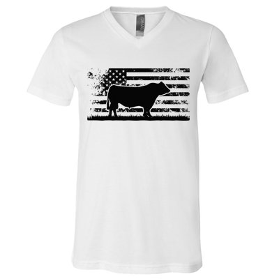 USA American Flag America Cow Black Angus Rancher V-Neck T-Shirt
