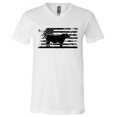 USA American Flag America Cow Black Angus Rancher V-Neck T-Shirt