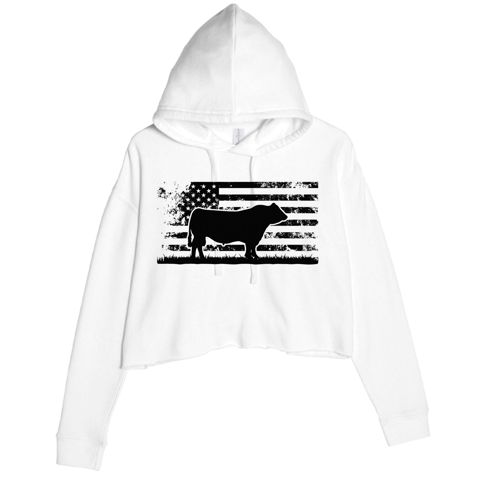 USA American Flag America Cow Black Angus Rancher Crop Fleece Hoodie