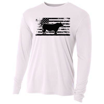 USA American Flag America Cow Black Angus Rancher Cooling Performance Long Sleeve Crew