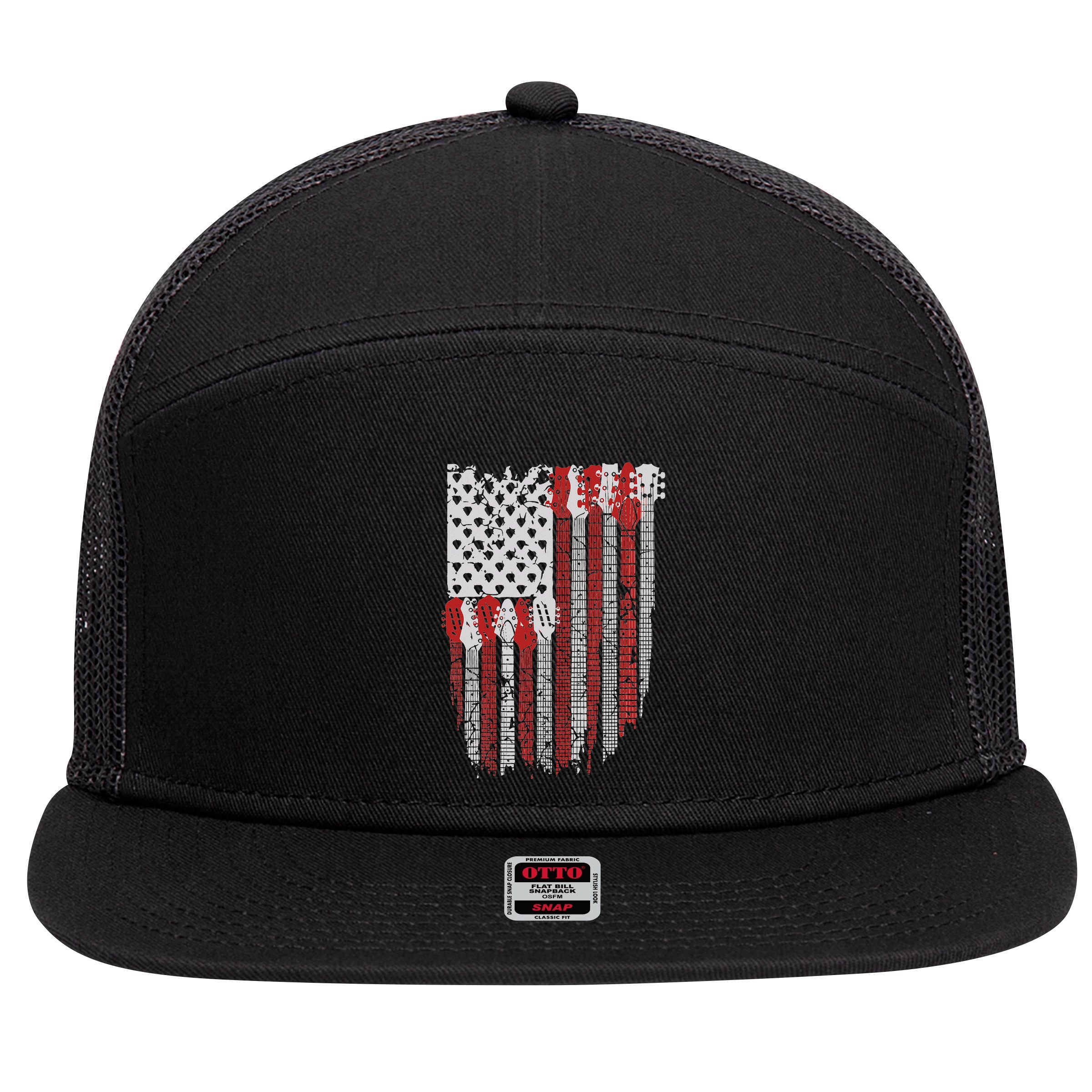 Usa American Flag Guitar Musician 4th Of July Guitarists 7 Panel Mesh Trucker Snapback Hat