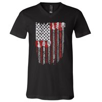 Usa American Flag Guitar Musician 4th Of July Guitarists V-Neck T-Shirt