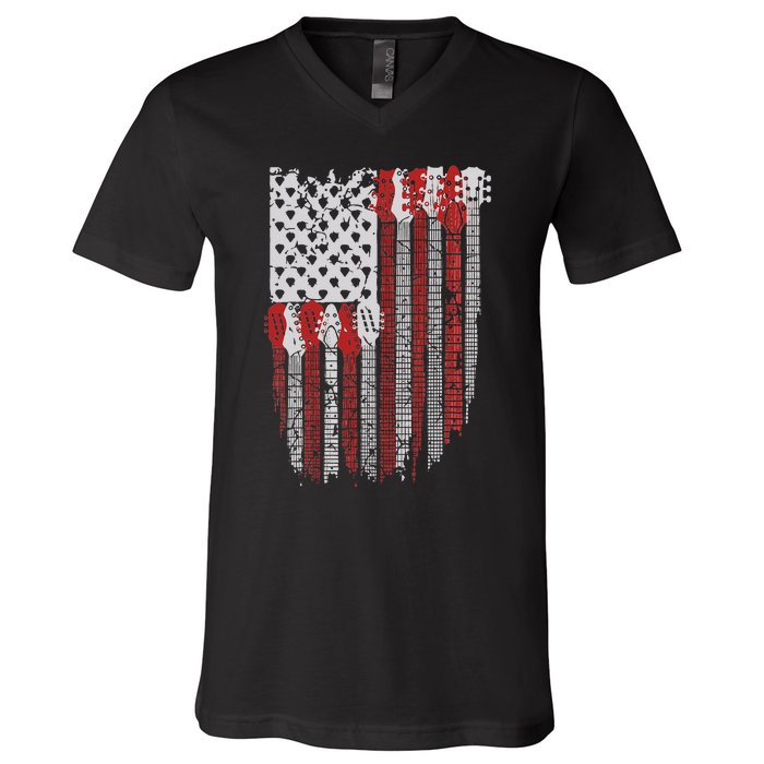 Usa American Flag Guitar Musician 4th Of July Guitarists V-Neck T-Shirt