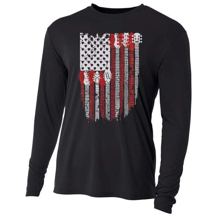 Usa American Flag Guitar Musician 4th Of July Guitarists Cooling Performance Long Sleeve Crew