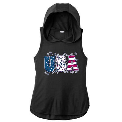 USA American Flag Celebration Ladies PosiCharge Tri-Blend Wicking Draft Hoodie Tank