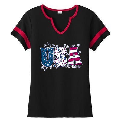 USA American Flag Celebration Ladies Halftime Notch Neck Tee