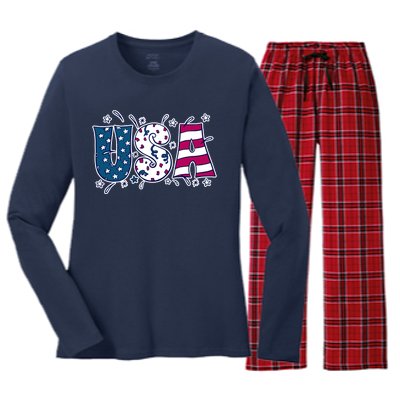 USA American Flag Celebration Women's Long Sleeve Flannel Pajama Set 