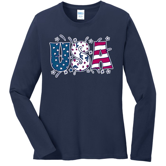 USA American Flag Celebration Ladies Long Sleeve Shirt