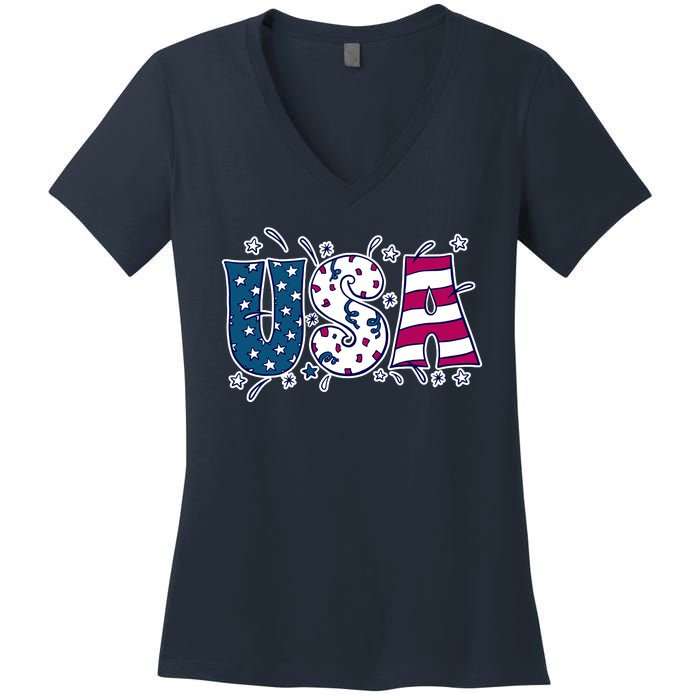 USA American Flag Celebration Women's V-Neck T-Shirt