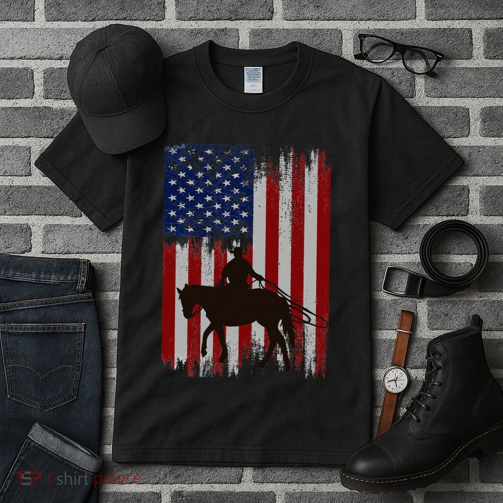 Usa American Flag Cowboy Rodeo Roping Horse Riding Tall T-Shirt