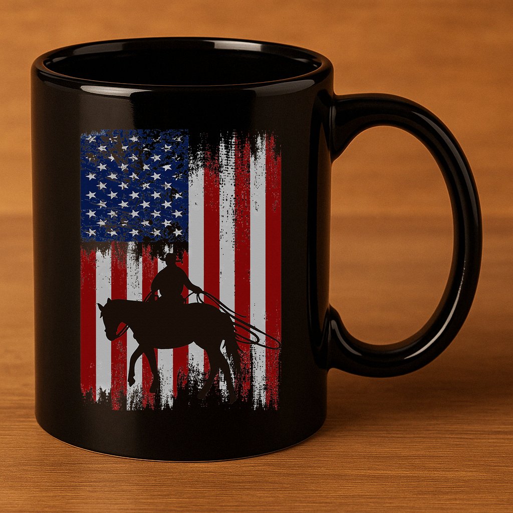 Usa American Flag Cowboy Rodeo Roping Horse Riding 11oz C Handle Ceramic Mug