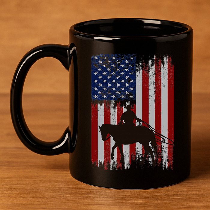 Usa American Flag Cowboy Rodeo Roping Horse Riding 11oz C Handle Ceramic Mug