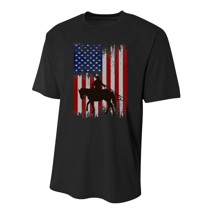 Usa American Flag Cowboy Rodeo Roping Horse Riding Youth Performance Sprint T-Shirt