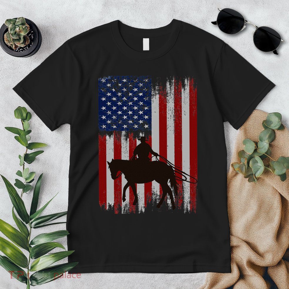 Usa American Flag Cowboy Rodeo Roping Horse Riding Premium T-Shirt