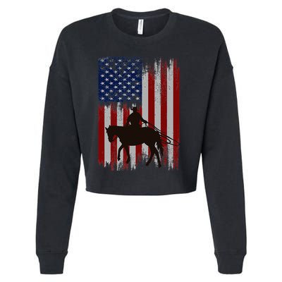 Usa American Flag Cowboy Rodeo Roping Horse Riding Cropped Pullover Crew