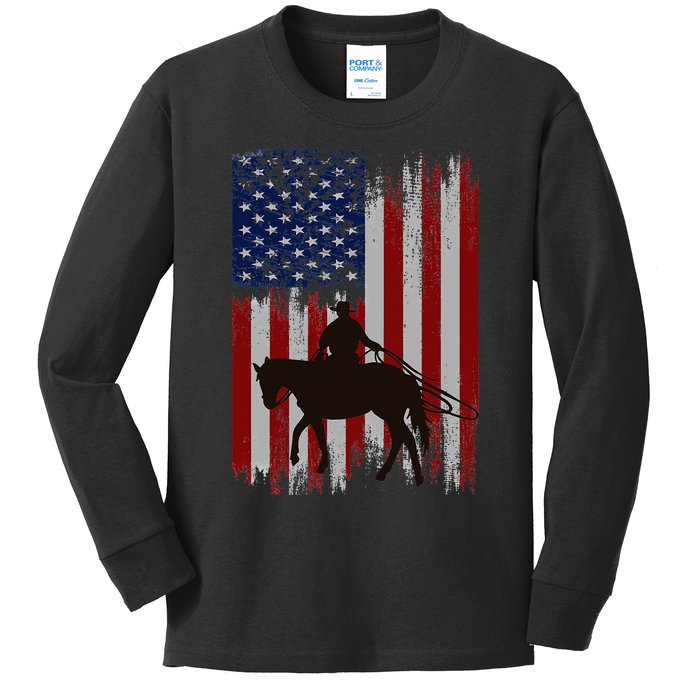 Usa American Flag Cowboy Rodeo Roping Horse Riding Kids Long Sleeve Shirt