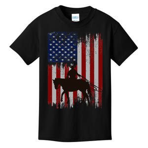 Usa American Flag Cowboy Rodeo Roping Horse Riding Kids T-Shirt