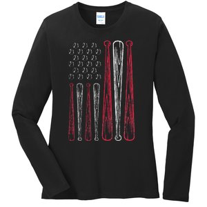 USA American Flag Baseball Red White Blue 4th of July Ladies Long Sleeve Shirt