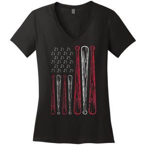 USA American Flag Baseball Red White Blue 4th of July Women's V-Neck T-Shirt