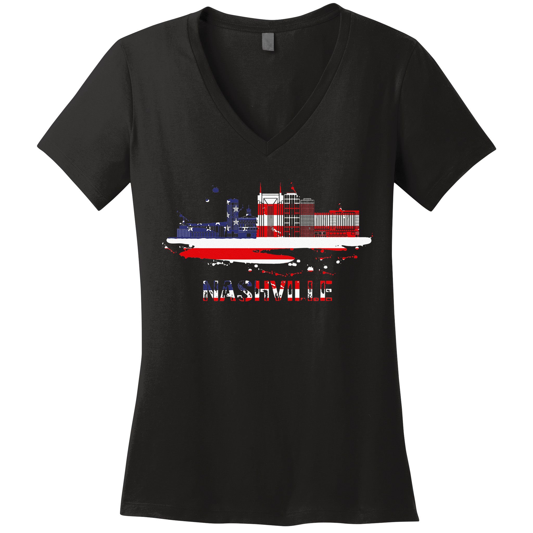 USA American Flag Cityscape Nashville Tennessee Skyline Women's V-Neck T-Shirt
