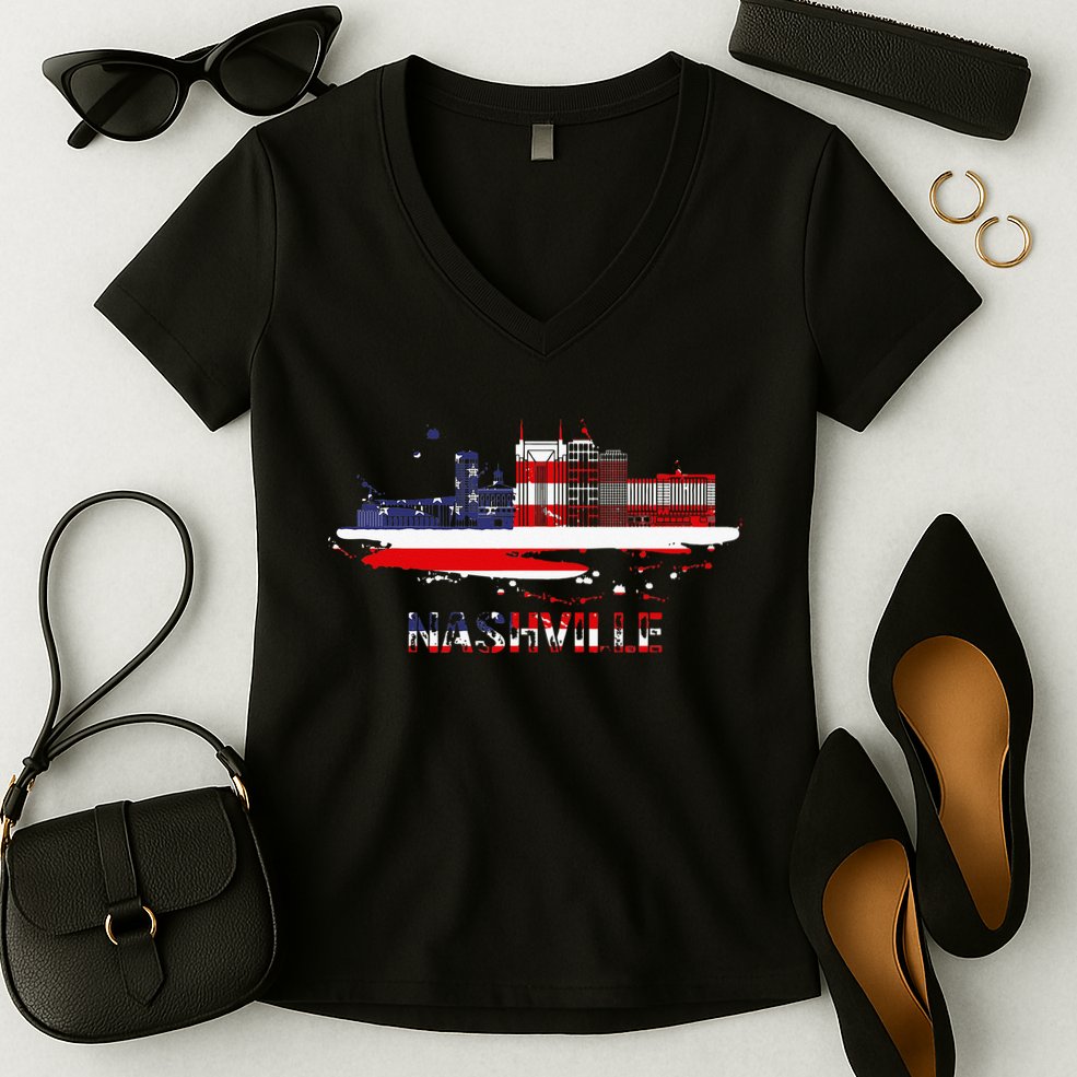 USA American Flag Cityscape Nashville Tennessee Skyline Women's V-Neck T-Shirt