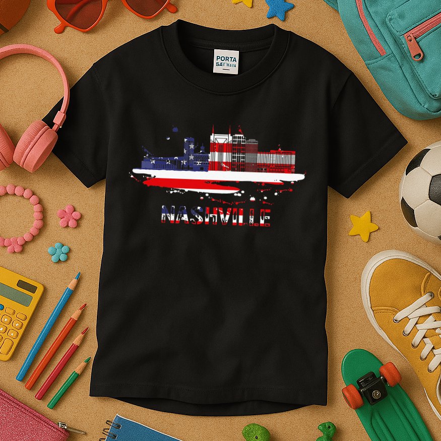USA American Flag Cityscape Nashville Tennessee Skyline Kids T-Shirt