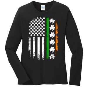 US American Flag With Shamrocks For St Patricks Day Ladies Long Sleeve Shirt