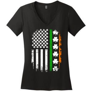 US American Flag With Shamrocks For St Patricks Day Women's V-Neck T-Shirt