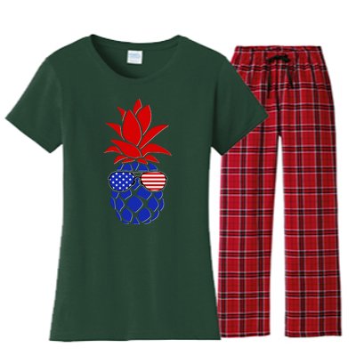 USA American Flag Sunglasses Pineapple Women's Flannel Pajama Set