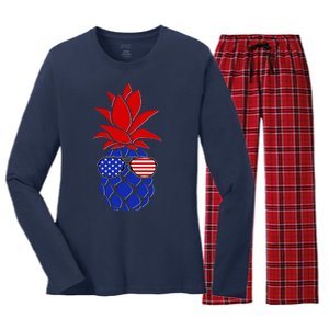 USA American Flag Sunglasses Pineapple Women's Long Sleeve Flannel Pajama Set 