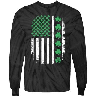 US American Flag With Shamrocks For St Patricks Day Tie-Dye Long Sleeve Shirt