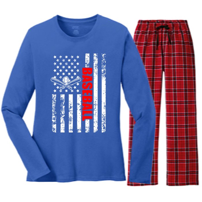 Us American Flag Baseball Patriotic Baseball Funny Gift Women's Long Sleeve Flannel Pajama Set 