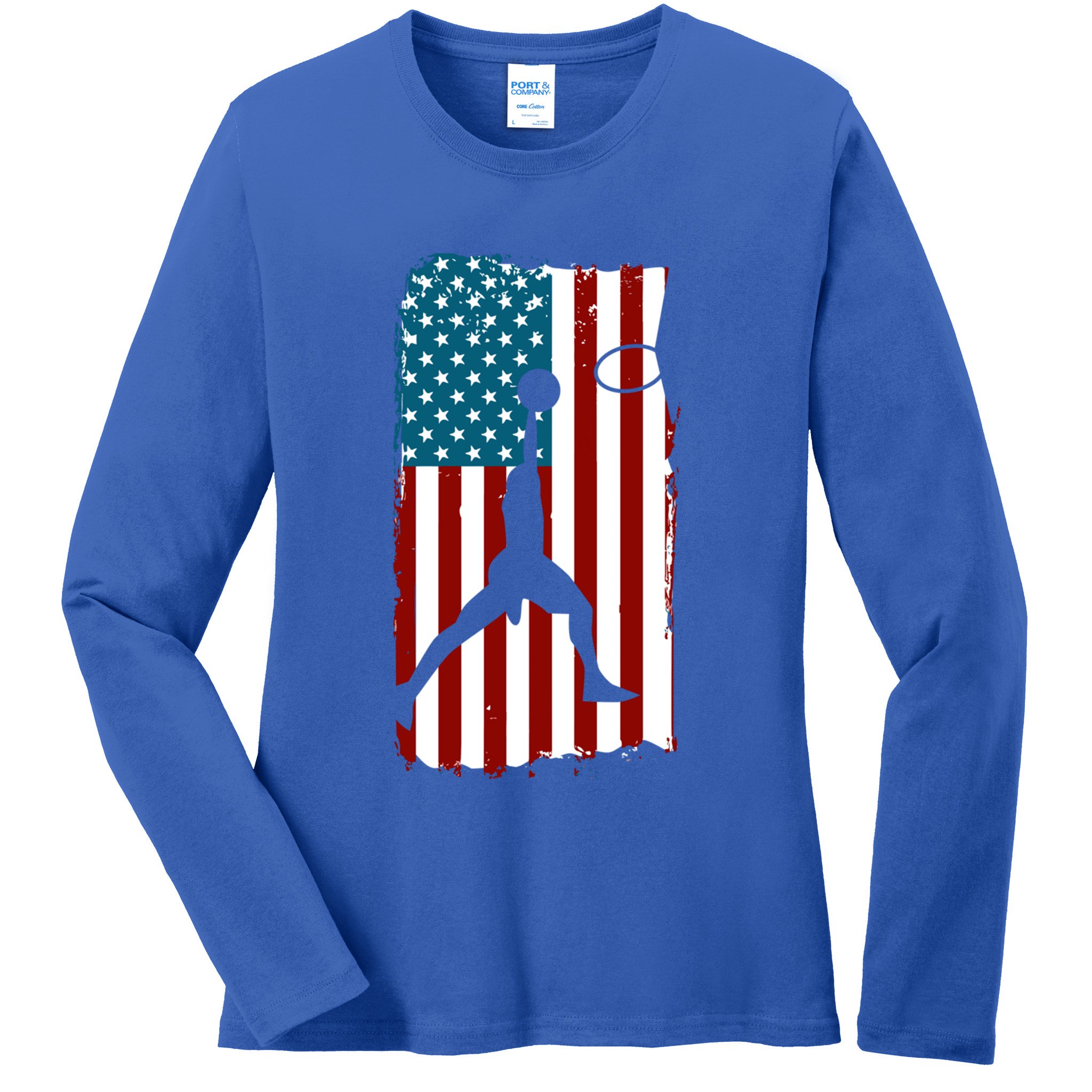 Us American Flag Basketball Patriotic Athlete Print Gift Ladies Long Sleeve Shirt