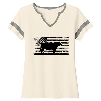 USA American Flag America Cow Black Angus Rancher Ladies Halftime Notch Neck Tee